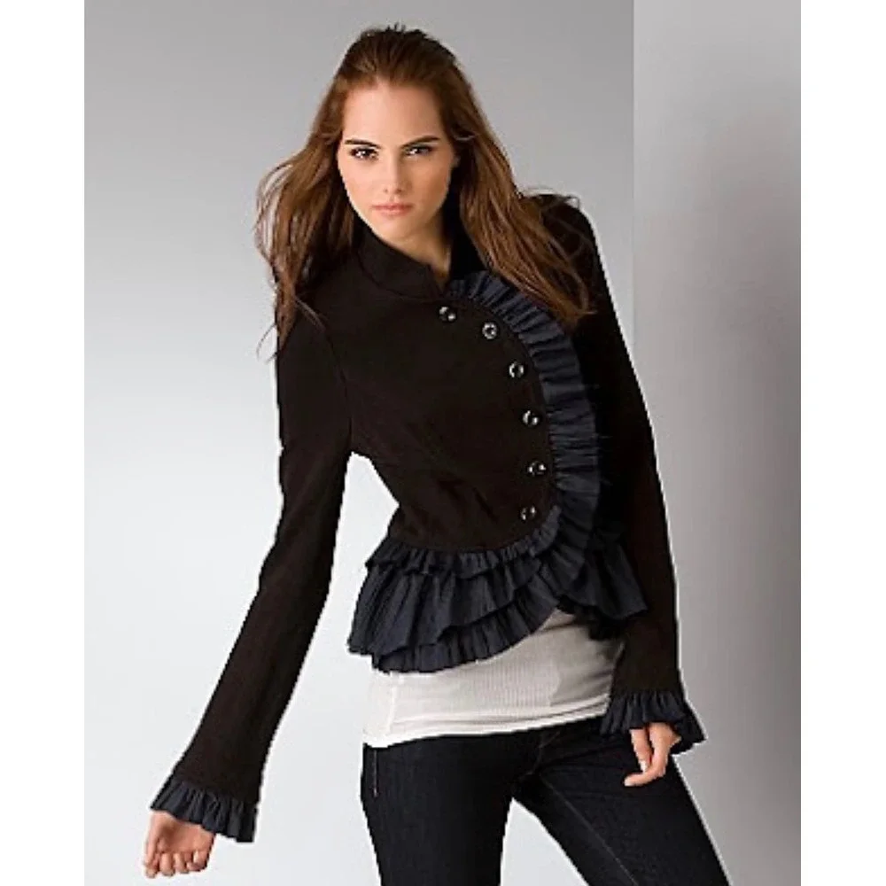 Free People Military Ruffle Jacket Womens 4 Black Excellent Victorian Peplum